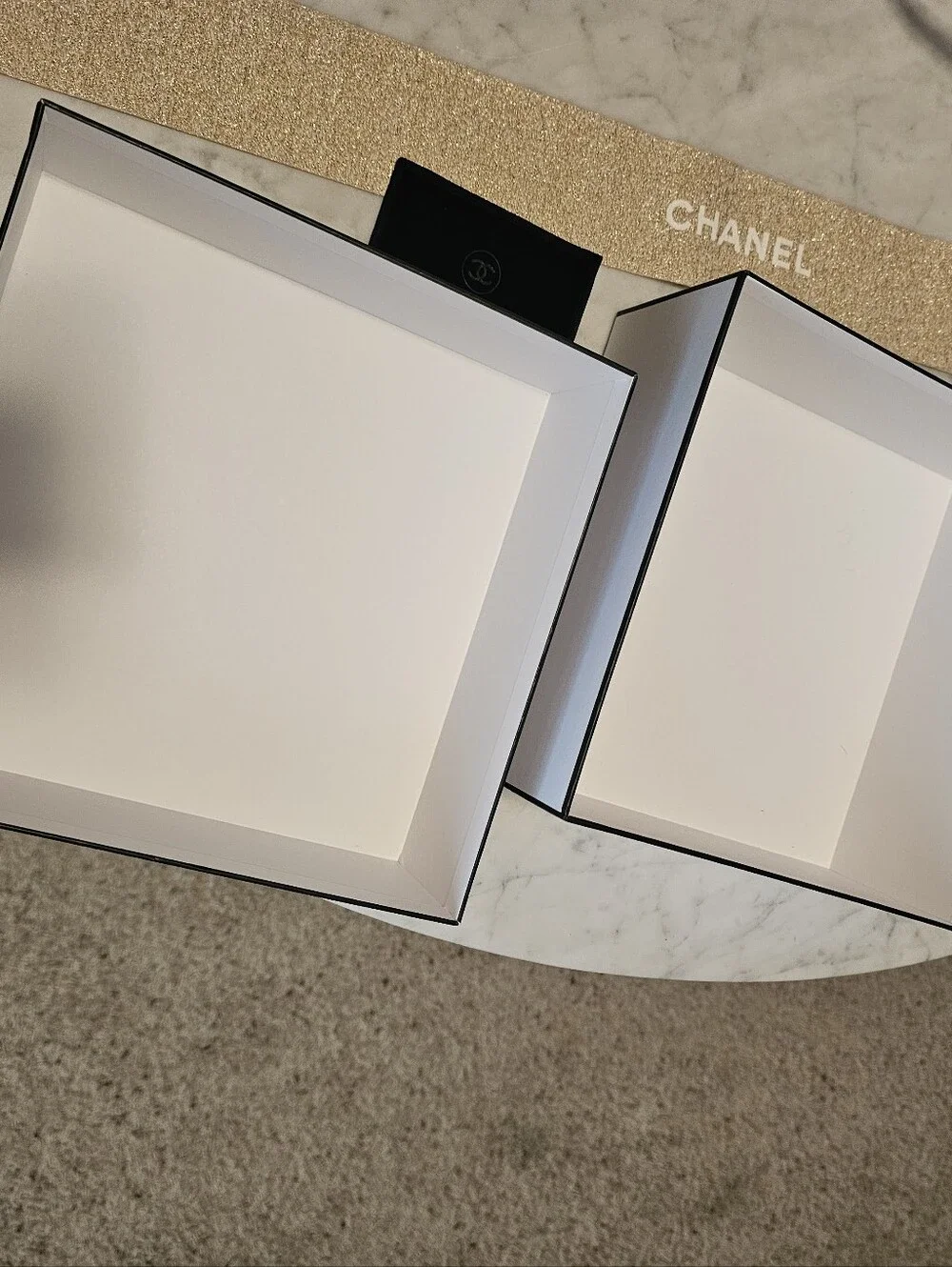 CHANEL White Box with Black Trim and Black Velvet Pouch And Gold Band